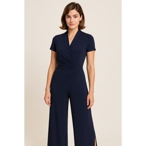 Joseph Ribkoff Navy Blue Wide Leg One Piece Pantsuit Romper Size 8 Career Casual